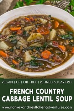 a bowl of french country cabbage lentil soup