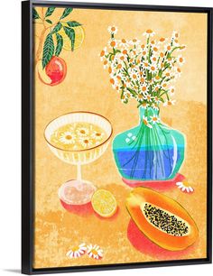 Canvas Art Print, Black Floating Frame entitled Summer Day Vibes.  Multiple sizes available.  Primary colors within this image include Peach, Orange, Blue, Pale Blue.  Made in USA.  All products come with a 365 day workmanship guarantee.  Inks used are latex-based and designed to last.  Museum-quality, artist-grade canvas mounted on sturdy wooden stretcher bars 1.5 thick.  Comes ready to hang.  Canvas is designed to prevent fading. Gold Poster, Trendy Wall Art, Summer Day, Chrysanthemum, Texture Art, Mini Art, Featured Artist, Stretched Canvas Prints, Papaya