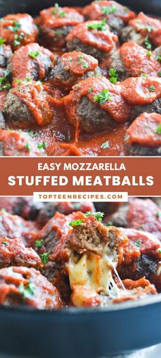 easy mozzarella stuffed meatballs in a skillet with text overlay that reads easy mozzarella stuffed meatballs