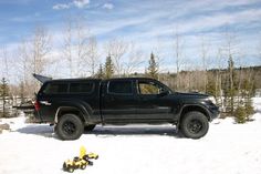 a black truck parked in the snow next to trees