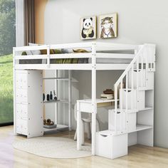 a white loft bed with stairs and desk in front of a large window, next to a wooden floor