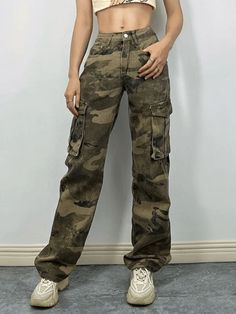 Washed Pocket Camo Cargo Jeans - AnotherChill Iconic Clothes, Green Camo Pants, Summer Y2k Outfits, Army Jeans, 90s Fashion Summer, Fashion Keywords, Camo Cargos, Jeans Online Store, Outfit Pieces