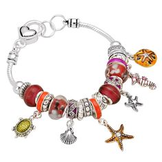 Bracelet features Murano glass beads, highly detailed spacer beads and dangling beach theme charms Thick silver tone snake chain with a large lobster clasp closure 7 inch length with 3 inch extension, fits small to medium wrists Beautiful Pandora Style bead charm bracelet This beautiful bracelet is a great accessory to any outfit Beach Charm Bracelet, Western Bracelets, Palm Beach Style, Wedding Charm, Nautical Jewelry, Snake Chain Bracelets, Pandora Style, Bead Charm Bracelet, Pandora Bracelets