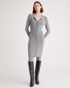 The coziness of a sweater meets the polish of a shirtdress in our Eco-Knit Button-Up Sweater Dress. With its sealed button-up design and fine-ribbed texture, this streamlined style is cut to flatter without gaping between buttons. In a stretchy blend featuring sustainably sourced fibers, the soft knit fabric hugs your curves in all the right places.  | Quince | Women's Eco-Knit Button-Up Sweater Dress in Heather Grey, Size Large, Viscose Navy And Brown, Ribbed Texture, Shirtdress, Cozy Sweaters, Black Charcoal, Quince, Soft Knits, Black And Navy, Dress Skirt