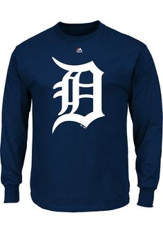 Majestic Detroit Tigers Mens Navy Blue Oversized Cap Logo Long Sleeve T Shirt - Image 1 Navy Long Sleeve Top With Letter Print, Navy Oversized Tops With Letter Print, Navy Oversized Top With Letter Print, Oversized Navy Tops With Letter Print, Blue Fan Apparel T-shirt For Fall, Navy Oversized Graphic Print Top, Polish Eagle, Tigers Shirt, Tiger Birthday