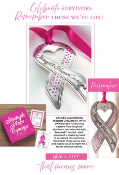 Celebrate survivors. Remember those we've lost. This handcrafted Breast Cancer Awareness Ornament can be personalized for a special gift. Ribbon Ornaments, Engraving Fonts, Awareness Ribbons, Monogram Fonts