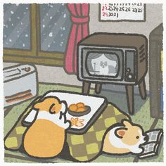 a drawing of two dogs eating food in front of a tv and an open window