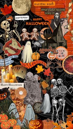 halloween collage with pumpkins, ghostes and other things on the side of a brick wall