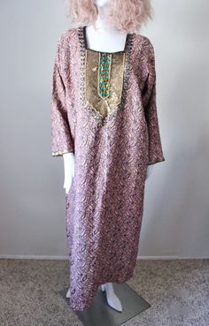 On hold for alterations---Vintage caftan, lounge dress, quilted, sequins, 1970s. Mauve and antique g Festive Long Sleeve Paisley Print Kurta, Long Sleeve Paisley Print Kurta For Festive Occasions, Festive Long Sleeve Kurta With Paisley Print, Bohemian Kaftan With Gold Embroidery For Festive Occasions, Festive Bohemian Kaftan With Gold Embroidery, Bohemian Thobe With Gold Embroidery For Festive Occasions, Bohemian Festive Thobe With Gold Embroidery, Festive Bohemian Thobe With Gold Embroidery, Bohemian Gold Kaftan With Zari Work