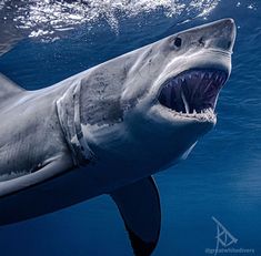 a great white shark with its mouth wide open in the blue water, showing it's teeth