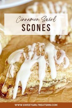 cinnamon swirl scones on a cutting board with icing