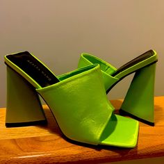 Never Worn, Perfect Condition, Bright Green Green Open Toe Wedge Sandals For Party, Chic Green Sandals With 4-inch Heel, Green Wedge Heel Sandals For Party, Green Heels With Deep Heel Cup For Summer, Trendy Green Heels With Square Toe, Green Open Heel Wedge Sandals For Party, Trendy Pointed Toe Wedge Sandals For Party, Trendy Party Wedge Sandals With Pointed Toe, Green High Heel Wedge Sandals For Spring