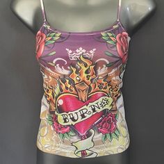 New Multi Colored Sublimation Stretch Tattoo Tank Top Vibrant Cute Design Heart With Roses Spaghetti Straps S/M - 12.5" Across Chest L/Xl - 15" Across Chest 91% Nylon - 8% Spandex Multicolor Stretch Tank Top With Graphic Print, Stretch Multicolor Graphic Print Tank Top, Multicolor Graphic Print Stretch Tank Top, Fitted Purple Tops With Sublimation Print, Multicolor Custom Print Fitted Tops, Fitted Multicolor Tops With Custom Print, Fitted Multicolor Custom Print Tops, Stretch Tattoo, Heart With Roses