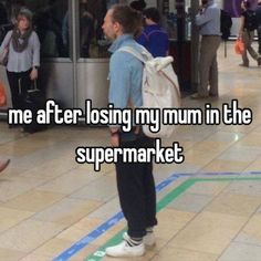 two people standing in front of a building with the words me after losing my mum in the supermarket