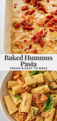 vegan and nut free baked hummus pasta in a white bowl with text overlay