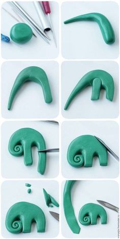 several pictures of different shapes and sizes of green plastic objects with scissors, needles, and thread