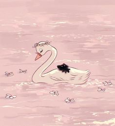 a white swan floating on top of a body of water next to a pink wall