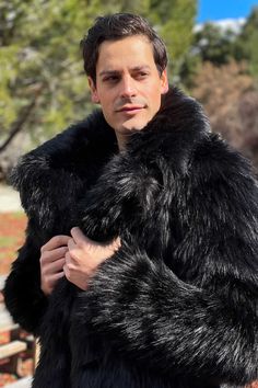 MENS DUTCH COAT WITH SNAP OFF HOOD ** This thick black faux fur is extinct. We have only a size Large available. We can make it in standard black shag. Standard shag will cost less. Message us. FEATURES High quality faux fur. ** Super Thick & Lux. Lined with super soft cuddle minky fabric. Collar and lapel. SNAP OFF HOOD Two outside side seam pockets to keep your hands warm. Two deep inside zipper pockets on the inside front coat sides. 6" Invisible zipper ID "secret" pocket on the inside left c Black Fur Coat, Chinchilla Fur, Secret Pocket, Black Wolf, Black Faux Fur, Well Dressed Men, Minky Fabric, Comfy Cozy, Invisible Zipper