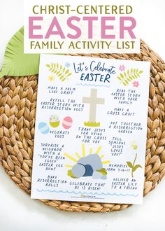 a basket with a cross on it and an easter activity list