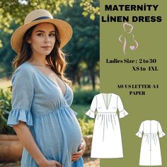 Linen Maternity  Dress, pregnant dress Sewing Pattern, Summer linen dress Hi-low Pregnancy  Gown Dress Sewin Pattern  available as an instant download (pdf) sewing pattern bundle with a range of size options, including plus sizes US 2 to 30-Xs to4 XL ,Formatted A0, A4 ,US Letter Paper. ♥US Sizes: 2, 4, 6, 8, 10, 12, 14, 16, 18, 20, 22, 24, 26, 28, 30 ♥Standard Sizes: XS, S, M, L, XL, 2XL, 3XL, 4XL ♥These patterns are suitable for A4 and US Letter size papers. ♥Once your payment is processed, you will automatically receive download links for the pattern files. Please note that you can only download the files from a computer; they will not work on a phone or iPad. ♥This is a digital product. You will receive zip files containing the patterns and sewing instructions. ♥Due to the nature of dig Maternity Dress Sewing Pattern, Maternity Dress Pattern Sewing, Pregnancy Gowns Dresses, Linen Maternity Dress, Maternity Dress Pattern, Pregnancy Gown, Maternity Sewing Patterns, Linen Maternity, Maternity Sewing