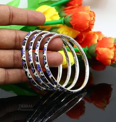 "Amazing handmade 925 sterling silver meenakari bangle bracelet for girls women's brides wedding tribal belly dance jewelry from Rajasthan India. Metal-925 Sterling silver. Type-Bangles Weight-43.400 Grams Width-5 mm Inner diameter-6.0 cm approx. size-2-6 or 2.375\" stamped/Marking-925 makes excellent gifting and collectible pieces." Vintage Bride Jewelry, Brides Jewelry, Belly Dance Jewelry, Dance Jewelry, Wrist Jewelry, Stylish Bracelet, Unisex Bracelets, Rajasthan India, Bride Jewellery