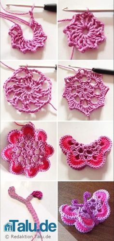 crocheted flowers are being worked on with yarn