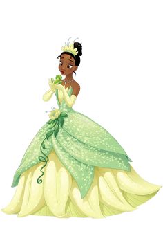 the princess and the frog is dressed up in her green dress with flowers on it