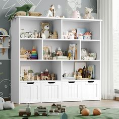 a child's room with toys on the shelves