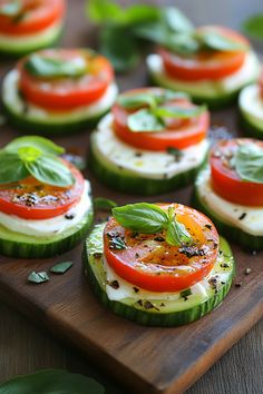 Caprese bites with tomato, mozzarella, cucumber, basil, and balsamic drizzle on a wooden board. Easy Best Appetizers, Gluten Free Snacks For Party Simple, Vegan Gluten Free Tea Party Food, Health Appetizers Easy, Gluten Free Finger Food Appetizers, Healthy Finger Foods For Christmas Party, Green Appetizer Ideas, Healthy Orderves Appetizers Simple, Salt Free Appetizers