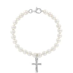 This elegant religious bracelet will look gorgeous on your little angel. Crafted of 925 sterling silver for a sleek look, this baby girl bracelet features white simulated pearls and a delicate dangling cross. The perfect length for a baby to a toddler, she's sure to love this sweet look. Order today and we'll package it neatly into its own little gift box. Elegant Silver Pearl Bracelet For Baptism, Elegant Pearl Jewelry For Baptism, First Communion Pearl Drop Jewelry, Elegant Pearl White Jewelry For Baptism, Pearl Charm Jewelry For First Communion, Elegant Silver Pearl Bracelet For First Communion, Elegant Pearl White Jewelry For First Communion, Elegant Silver Rosary Bracelet For Baptism, Elegant Pearl Bracelet For First Communion