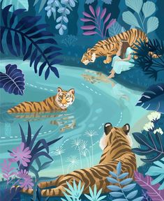 two tigers are swimming in the water surrounded by tropical plants and flowers, while another tiger looks on