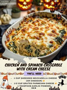 a flyer for a halloween dinner with chicken and spinach casserole