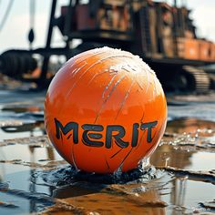 an orange ball with the word merit written on it sitting in water next to a construction vehicle