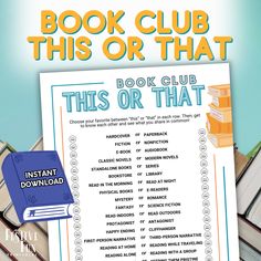 a book club sign with books stacked on top of it and the text, book club this or that