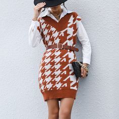 Step into cozy sophistication with our Casual Long Sleeve Houndstooth Sweater Dress, perfect for fall and winter outerwear. Crafted with warmth and style in mind, this dress features a classic houndstooth pattern that adds a timeless charm to your look. The long sleeves provide extra coverage, making it ideal for cooler temperatures. Made from soft and comfortable fabric, it ensures all-day comfort without compromising on style. Whether you're heading to work or meeting friends for brunch, this sweater dress is versatile enough to suit any occasion. Pair it with tights and boots for a chic ensemble or layer it with a coat for added warmth. Elevate your cold-weather wardrobe with our Casual Long Sleeve Houndstooth Sweater Dress and stay fashionable throughout the season. Houndstooth Sweater Vest, Sweater Vest Dress, Winter Sweater Dresses, Dress Outer, Houndstooth Sweater, Tights And Boots, Rust Dress, Houndstooth Pattern, Knit Vest