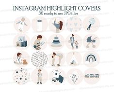 the cover of an instagramm highlight covers, with illustrations of people and objects