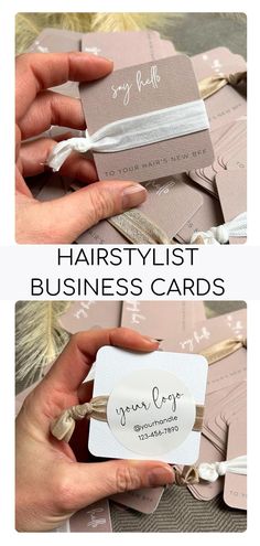 two different pictures with the words hairstylist business cards in white and gold on them