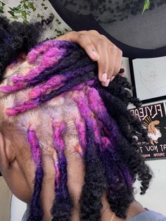 Super Short Loc Styles, Loc Color Combo, Hair Color Ideas For Dreads, Loc Hair Dye Ideas, Loc Dye Ideas Dark Skin, Different Color Locs, Purple And Blonde Locs, Locs Hair Color Ideas, Locs With Skunk Stripe