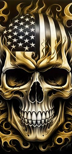 a skull with an american flag painted on it's face and flames in the background