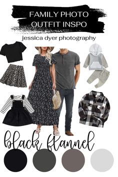 the family photo outfit inspo is featured in black and white, with an image of a