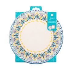 an image of a paper plate on a white background with blue and yellow designs in the middle