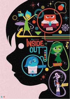 the inside out movie poster is shown in black and white, with colorful images on it