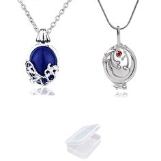 two necklaces with charms on them, one is blue and the other is silver