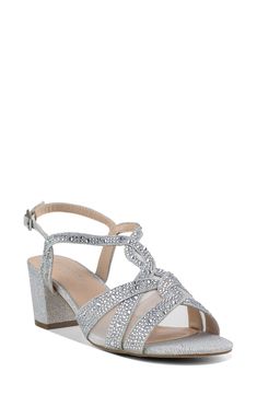 Add extra glamour to your next special occasion with this block-heel sandal featuring sparkling straps and peekaboo mesh insets. 2" heel Synthetic upper, lining and sole Imported Prom Shoes Silver, Wide Width Heels, Dressy Sandals, Mother Of The Groom Dresses, London Shoes, Rollerball Perfume, Strap Sandals Women, Wedding Dress Shoes, Dream Dresses