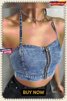 Halter Tied Detail Zip Front Denim Crop Top P4155146016 Denim Crop Top, Top Collection, Buy Now, Spaghetti, Crop Top, Light Blue, Crop Tops, Zipper, Best Deals