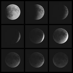 six phases of the moon in black and white, including one full moon with no clouds