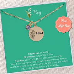 This personalized birthstone birth flower custom name necklace is the perfect gift for all occasions, whether you're celebrating a birthday, anniversary, or milestone. It's an ideal gift for mothers, grandmothers, sisters, or best friends, offering a unique and meaningful way to show your appreciation. Highlights 👁️Designed by BreezyGemsStudio 🌟Materials: 18k Gold Plated, .925 Sterling Silver Plated, Stainless Steel Base 🦞Closure: Lobster Claw Clasp 📿Chain style: Cable 📐Length Options: 16", 18", 20", & 24" 🪞Style: Minimalist 🖊️Can Be Personalized 💎Pendant & Birthstone Sizes:  Main Pendant 20mm, Mini 10mm, Birthstone 6mm 🫰Made to Order 🎁Free Gift Box and Notecard With Every Order 🚫Lead & Nickel Free HOW TO ORDER: 1.   Select Size & Finish:  Choose necklace options from the drop-d Flower Shaped Birth Flower Charm Necklaces For Birthdays, Mother's Day Gift Birthstone Necklace With Birth Flower, Mother's Day Birthstone Necklace Personalized Gift, Mother's Day Birthstone Necklace With Birth Flower For Anniversary, Anniversary Charm Necklaces With Birth Flower For May Birthstone, Personalized Dainty Birthstone Necklace, Birth Flower Jewelry For Birthdays, Mother's Day Birthstone Charm Necklaces For Birthday, Mother's Day Birthstone Necklace With Birth Flower For Mom