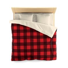 a red and black plaid comforter set with two pillow cases on the bottom bed