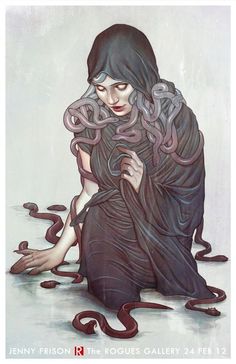 a painting of a woman sitting on the ground surrounded by snakes