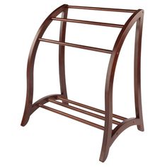 a wooden rack with two shelves on each side and one shelf above the other, for storing items